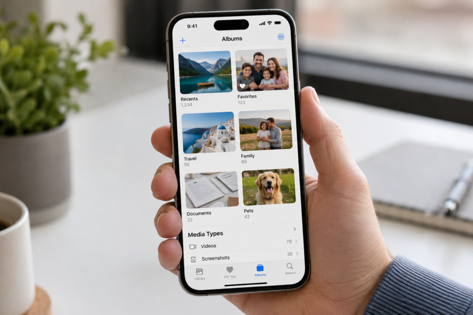 Tela de celular mostrando uma galeria de fotos organizada em álbuns, com imagens de família, viagens, documentos e vídeos separados por categorias em uma interface limpa e moderna.