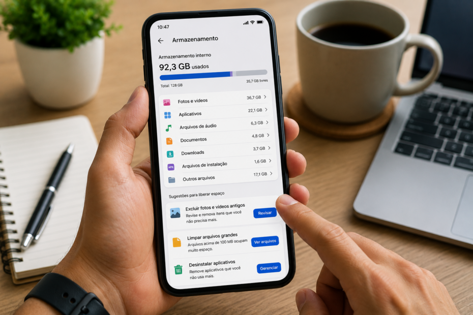 mão segurando celular com armanezamento limpo e organizado