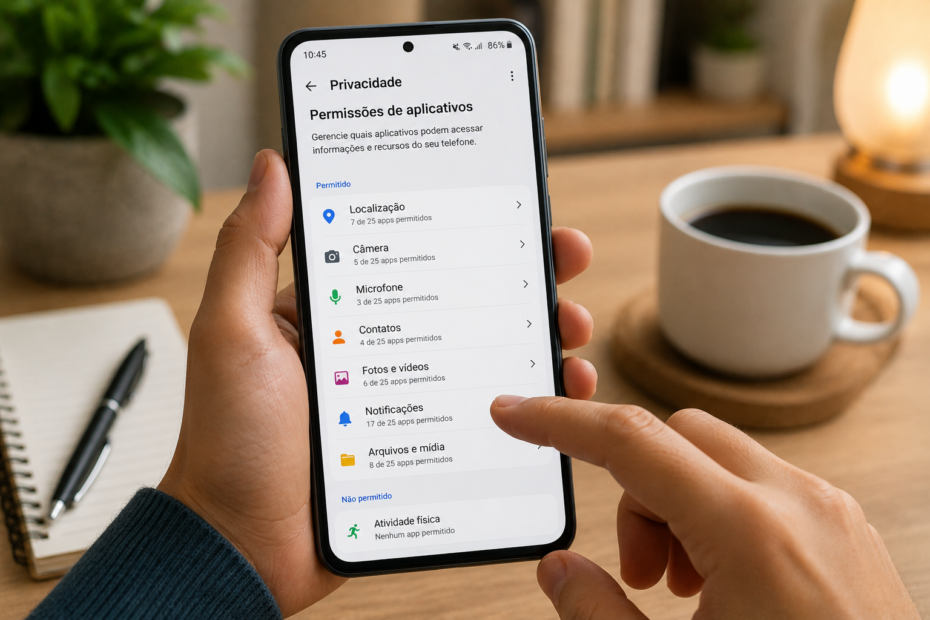 Mão de Pessoa adulta usando o celular em casa enquanto ajusta configurações de privacidade de aplicativos, em um ambiente moderno, claro e tranquilo.