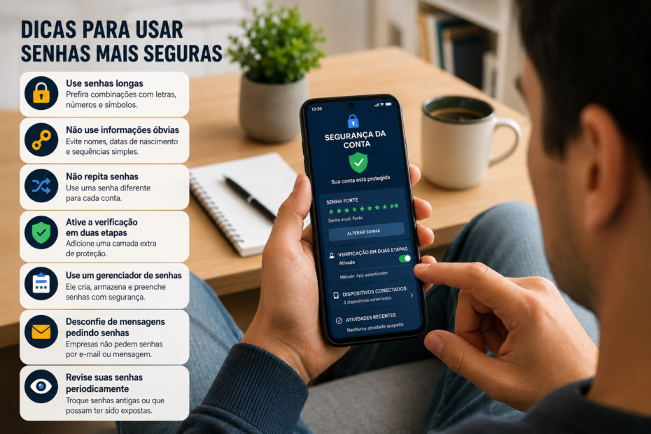 Pessoa adulta usando o celular com segurança, sorrindo enquanto acessa um aplicativo protegido por senha em um ambiente doméstico moderno e iluminado.
