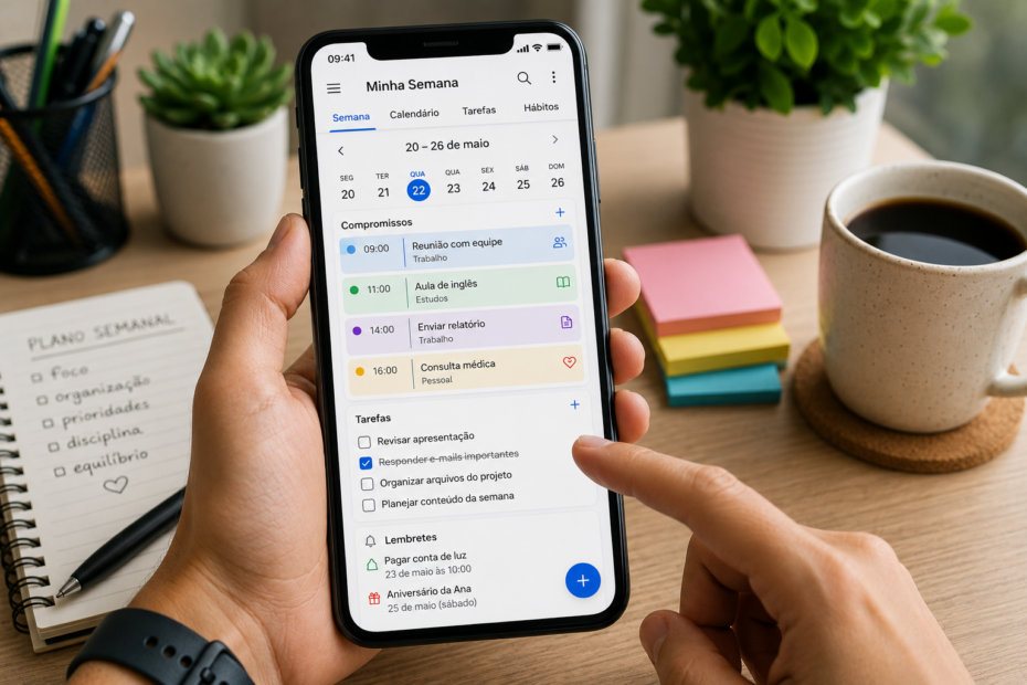 Tela de celular mostrando um aplicativo de planejamento semanal com calendário, tarefas organizadas por dia e lembretes de compromissos em uma interface limpa e moderna.