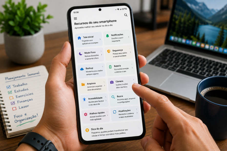 Pessoa adulta usando o smartphone em um ambiente moderno, explorando recursos do celular com expressão tranquila e confiante, com notebook e objetos de trabalho ao fundo.