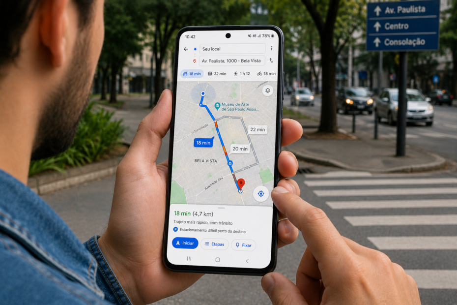 Pessoa adulta usando aplicativo de mapas no celular enquanto caminha em uma rua tranquila, com interface de rota aberta e expressão confiante.