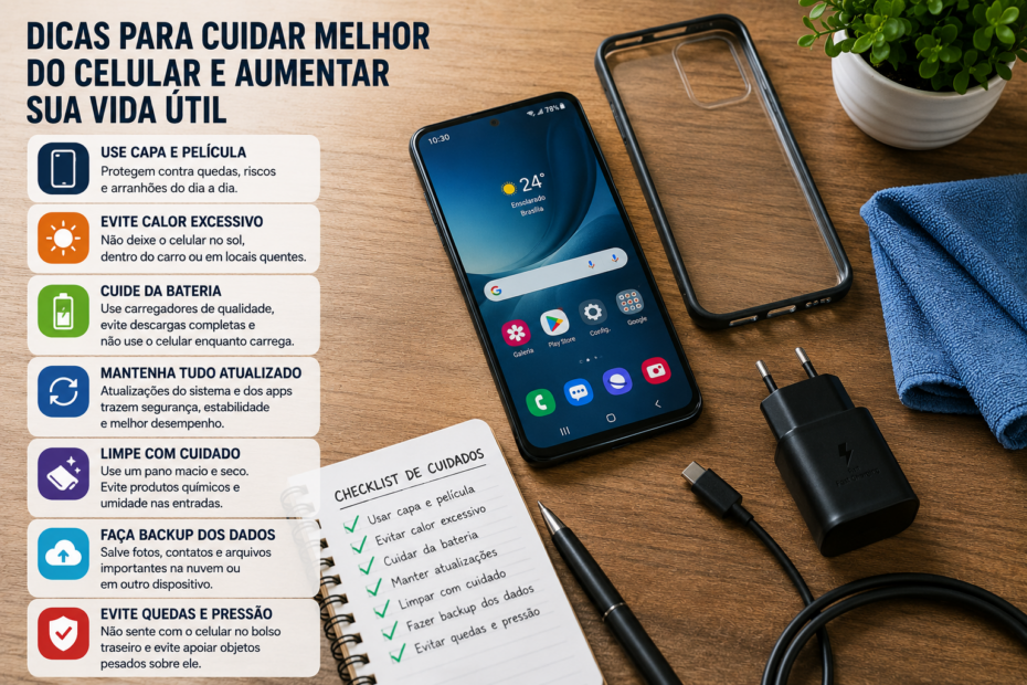 Pessoa adulta cuidando do smartphone em uma mesa limpa, com pano de microfibra, capa protetora e carregador ao lado, em um ambiente doméstico organizado e bem iluminado.