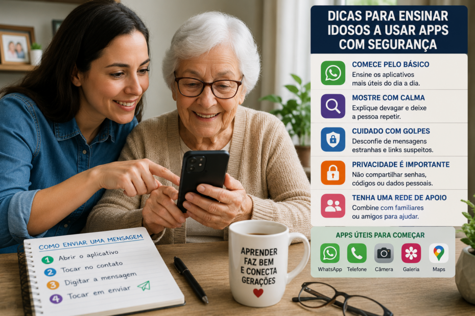 Pessoa idosa sorrindo enquanto aprende a usar aplicativos básicos no celular com ajuda de um adulto, em uma sala iluminada e acolhedora.