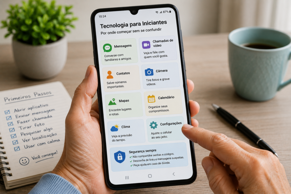 Tela de celular com aplicativos básicos organizados em categorias simples, como mensagens, câmera, contatos, mapas e configurações, em uma interface limpa para iniciantes.