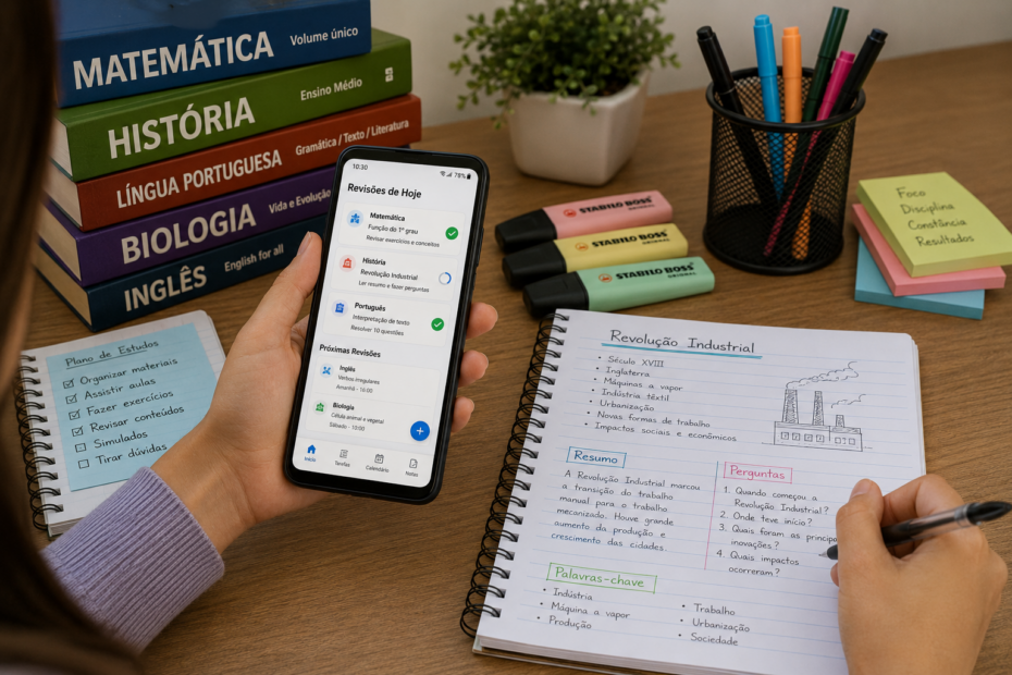 mão de Pessoa adulta estudando com o celular e um caderno aberto sobre a mesa, usando um aplicativo de revisão de conteúdos em um ambiente tranquilo e bem iluminado.