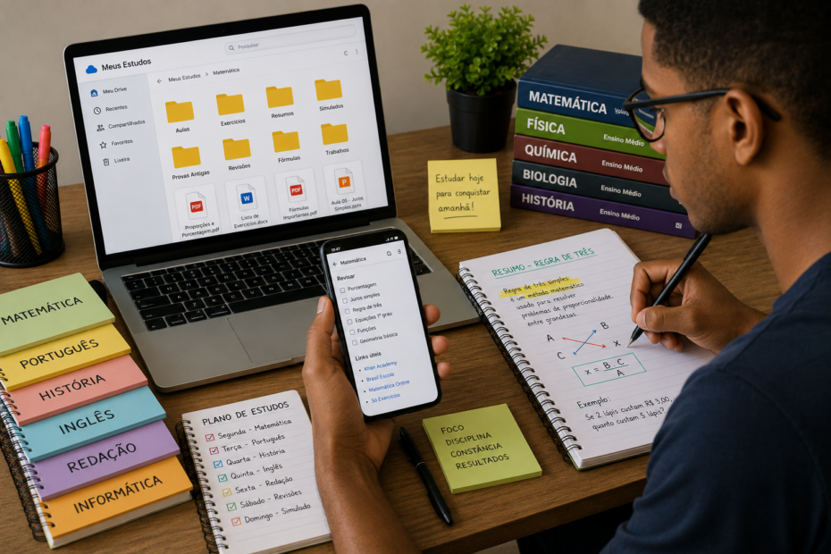 Homem adulto negro organizando materiais de estudo no celular e no notebook, sentado em uma mesa com cadernos, livros e ambiente iluminado de estudos.