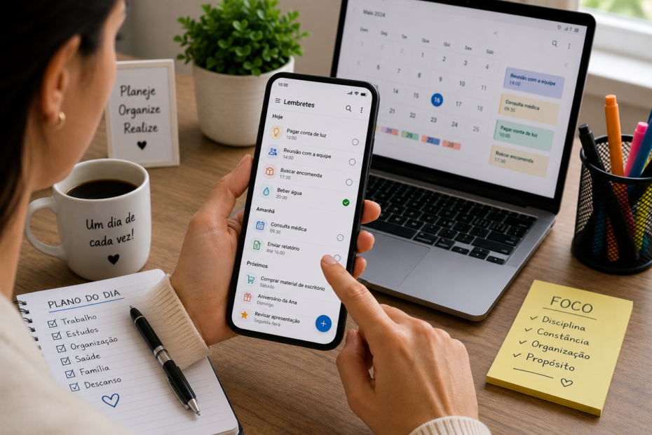 Mulher adulta usando o celular para organizar lembretes e tarefas da rotina, sentada em uma mesa com notebook, agenda, café e plantas ao fundo.