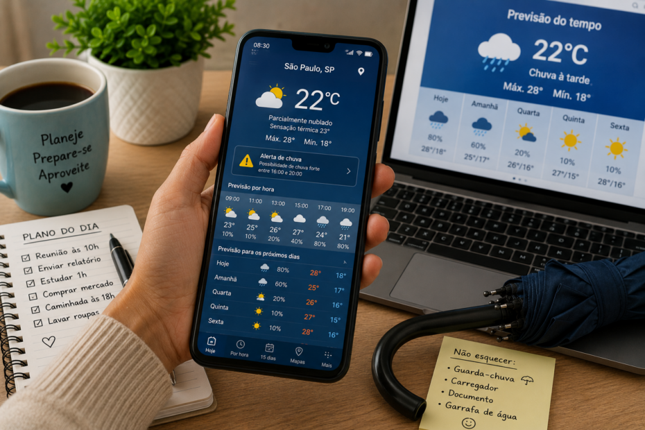 Tela de celular mostrando um aplicativo de previsão do tempo com clima da semana, alertas de chuva e temperatura, sobre uma mesa com guarda-chuva, café e caderno de planejamento.