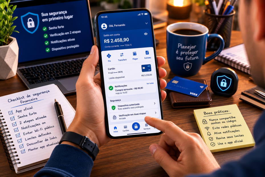 Mão de Pessoa adulta usando aplicativo de banco no celular com expressão tranquila, sentada em uma mesa organizada com notebook, café e cartão ao fundo, representando segurança financeira digital.
