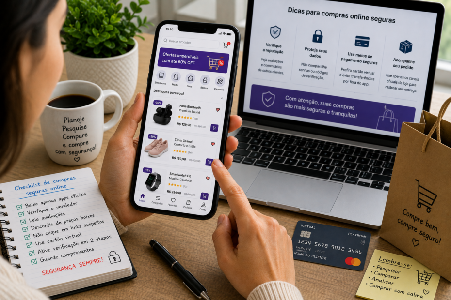 mão de Pessoa adulta usando aplicativo de compras no celular em uma mesa organizada, com notebook, cartão, sacola de compras e checklist de segurança ao lado.