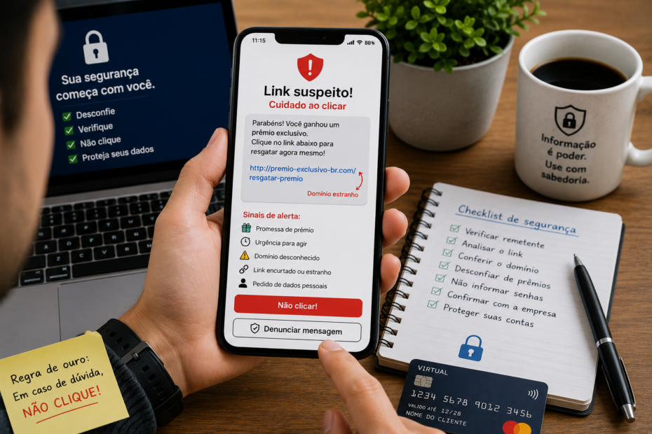 Tela de celular mostrando uma conversa com mensagem suspeita e alerta de segurança, com destaque para link estranho, tom de urgência e botão de denúncia em um ambiente limpo e moderno.