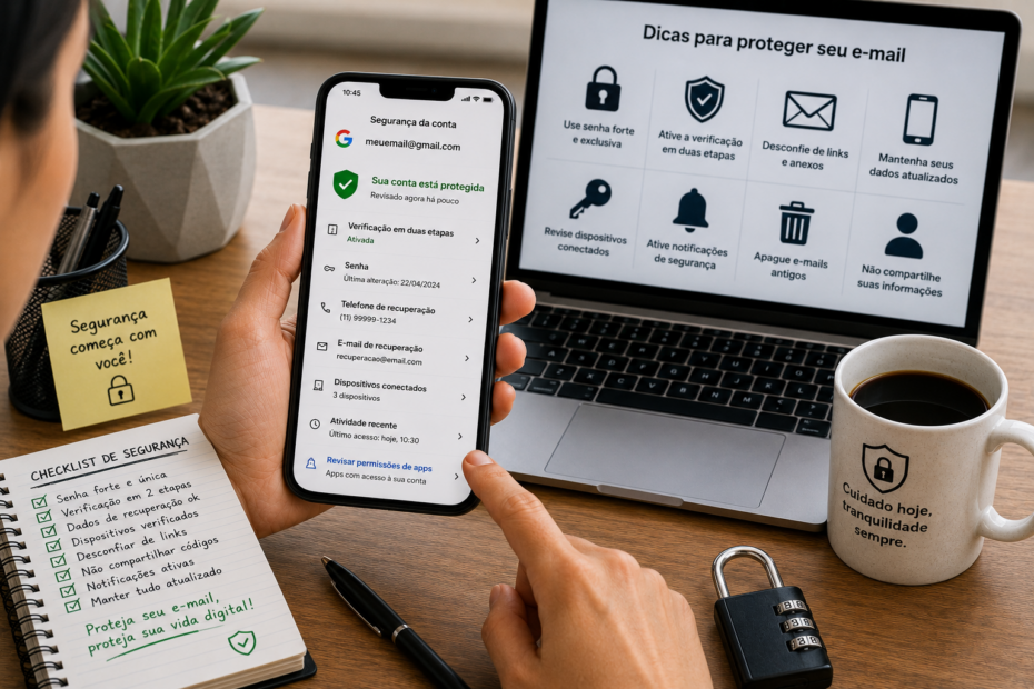 Pessoa adulta usando o celular para revisar a segurança do e-mail, sentada em uma mesa organizada com notebook, café e ícones de proteção digital ao fundo.