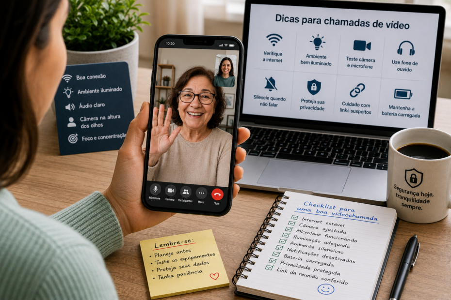 Pessoa idosa usando aplicativo de chamada de vídeo no celular, sorrindo em uma conversa online, em uma sala bem iluminada com notebook, café e plantas ao fundo.