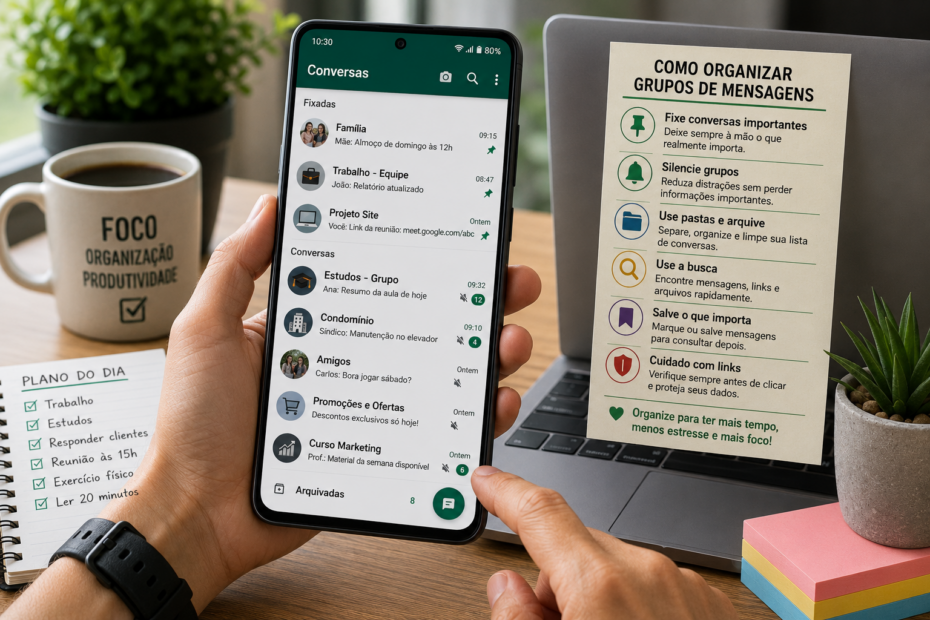 Tela de celular mostrando grupos de mensagens organizados por categorias, com conversas fixadas, notificações silenciadas e interface limpa em um ambiente de trabalho moderno.