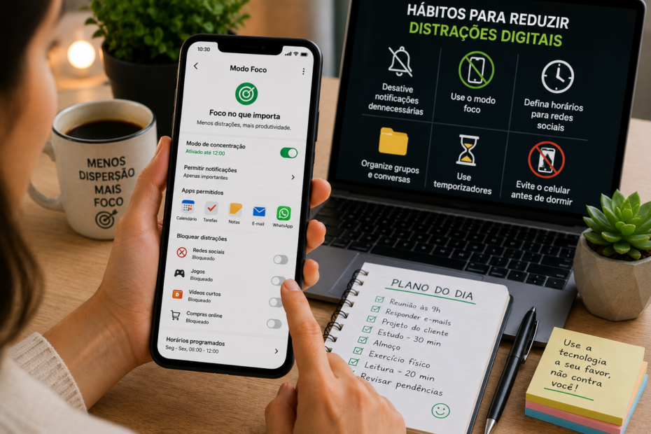 Pessoa adulta usando o celular com calma em um ambiente aconchegante, com notificações silenciadas, notebook, café e plantas ao fundo, representando uso equilibrado da tecnologia.