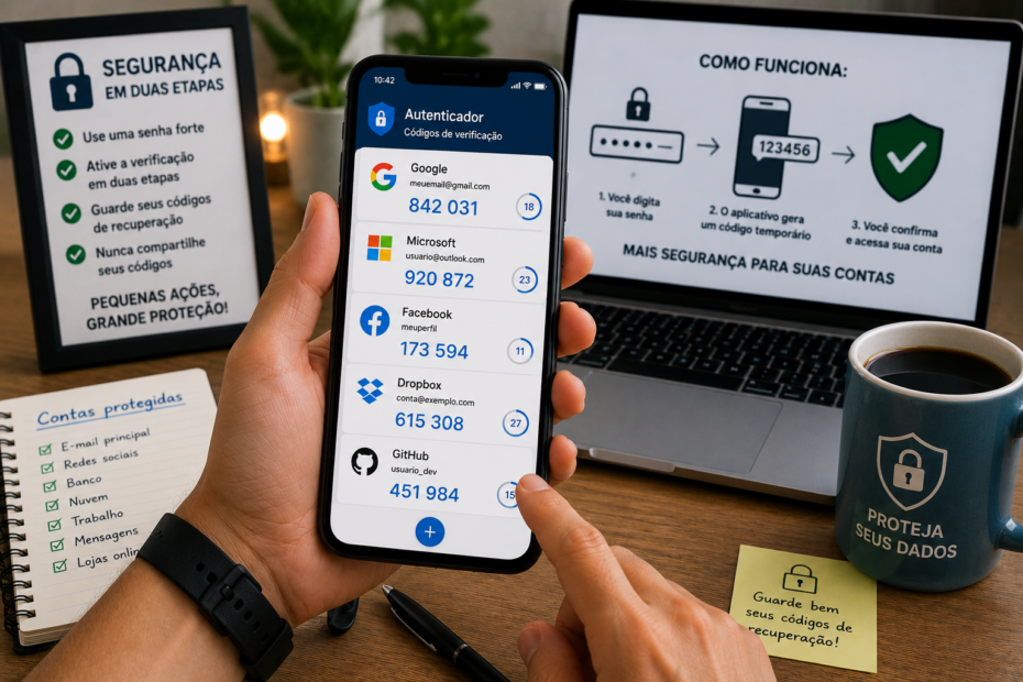 Tela de celular mostrando um aplicativo de autenticação em duas etapas com códigos temporários protegidos, ícones de segurança e uma interface limpa em uma mesa organizada com notebook e café.