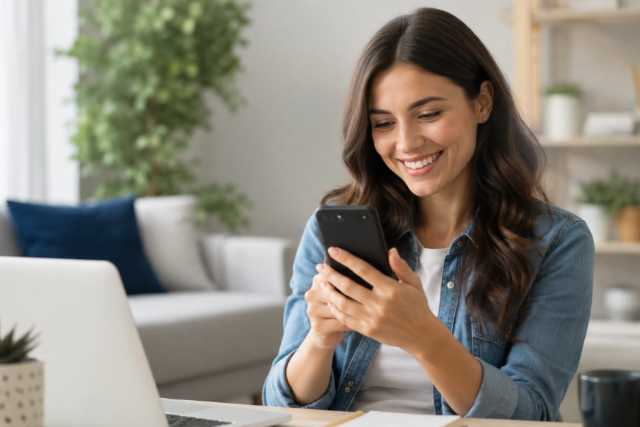Mulher adulta sorrindo enquanto usa o celular em um ambiente claro e organizado, com notebook, plantas e objetos de trabalho ao fundo, representando uso equilibrado da tecnologia.