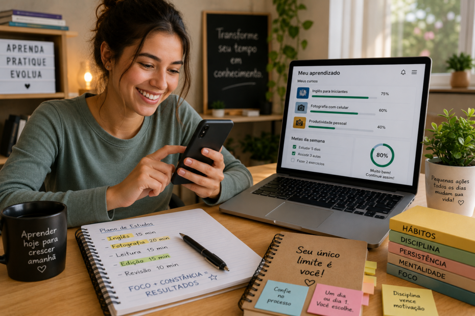Pessoa adulta sorrindo enquanto usa o celular para aprender uma nova habilidade, sentada em um ambiente claro e acolhedor, com notebook, caderno e plantas ao fundo.