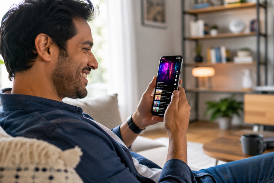 Pessoa adulta sorrindo enquanto assiste vídeos curtos no celular, sentada em um ambiente moderno e iluminado, com fones de ouvido, café e notebook ao fundo.