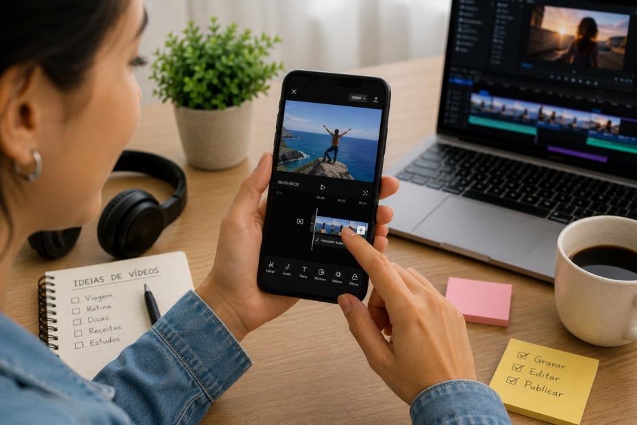 Pessoa adulta feliz usando o celular para editar um vídeo, sentada em um ambiente claro e moderno, com notebook, fones de ouvido, café e plantas ao fundo.
