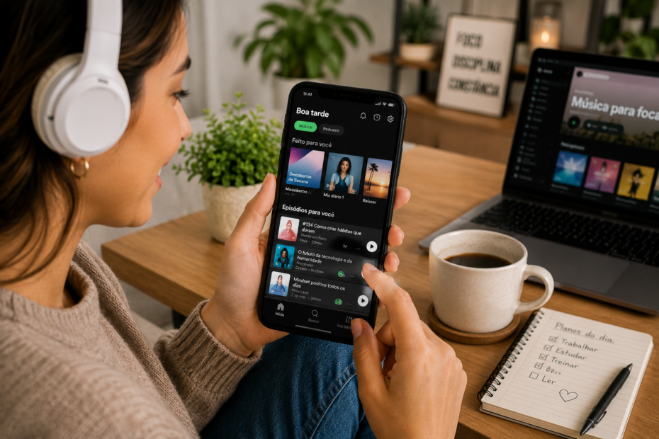 Pessoa adulta feliz usando fones de ouvido enquanto ouve música ou podcast no celular, sentada em um ambiente moderno e iluminado, com notebook, café e plantas ao fundo.