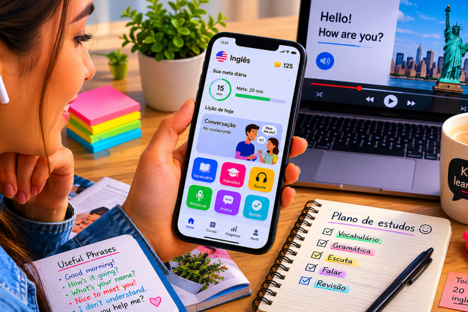 Pessoa adulta feliz usando o celular para estudar um novo idioma, sentada em um ambiente claro e organizado, com fones de ouvido, notebook, caderno e plantas ao fundo.