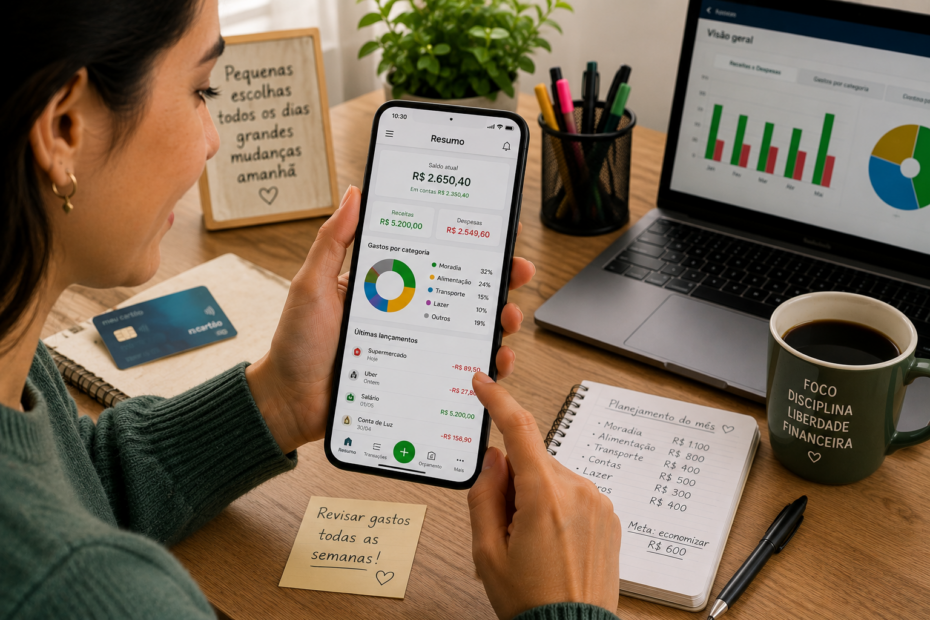 Pessoa adulta feliz usando o celular para organizar gastos em um aplicativo financeiro, sentada em uma mesa clara com notebook, café, cartão, caderno de planejamento e plantas ao fundo.