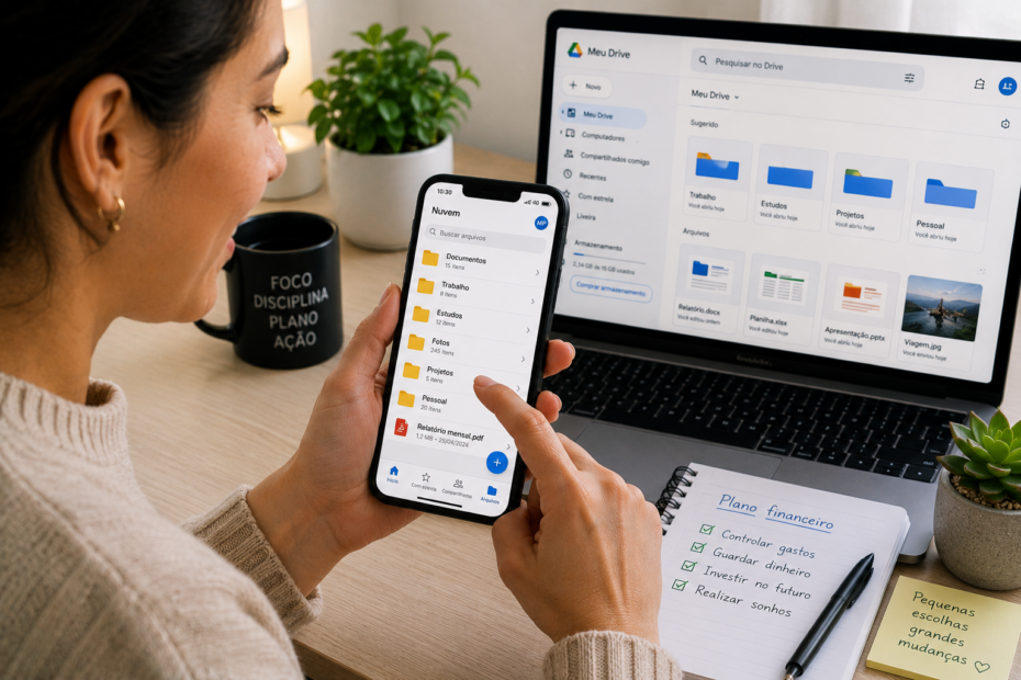 Pessoa adulta feliz usando o celular para organizar arquivos na nuvem, sentada em um ambiente claro com notebook, café, plantas e documentos digitais ao fundo.