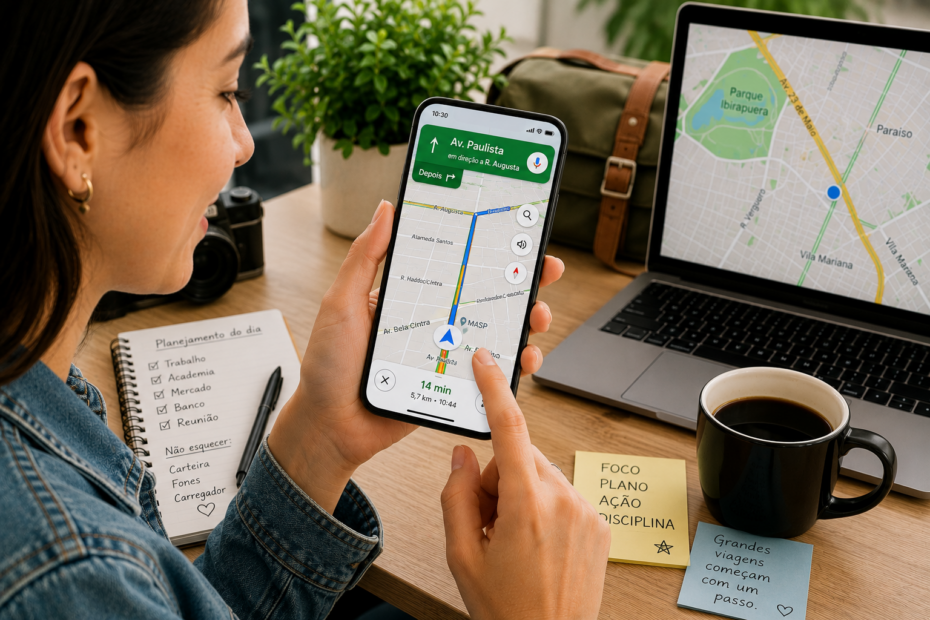 Pessoa adulta feliz usando aplicativo de mapas no celular enquanto planeja uma rota, em um ambiente claro e moderno, com mochila, notebook, café e plantas ao fundo.