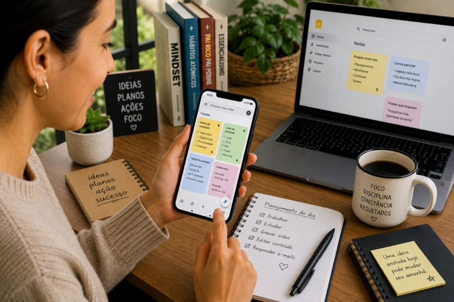 Pessoa adulta sorrindo usando o celular para criar notas rápidas, fotografada em ângulo lateral mais aberto, em uma varanda ou ambiente claro, com caderno, café, notebook e plantas ao fundo.