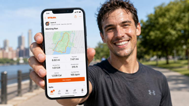 Pessoa feliz e suada após uma corrida ao ar livre, segurando o celular com um aplicativo de corrida aberto mostrando rota, distância, ritmo e tempo de treino.