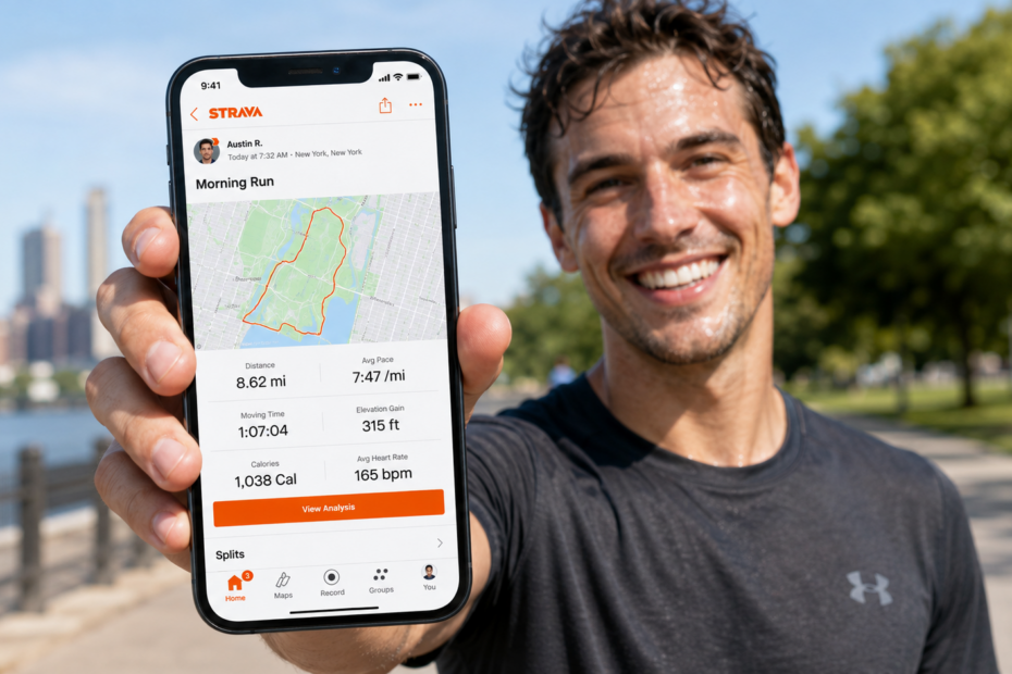 Pessoa feliz e suada após uma corrida ao ar livre, segurando o celular com um aplicativo de corrida aberto mostrando rota, distância, ritmo e tempo de treino.