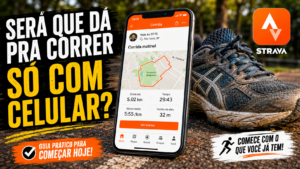 Celular com o aplicativo Strava aberto ao lado de um tênis de corrida usado, em um cenário ao ar livre, representando o início na corrida com equipamento simples.