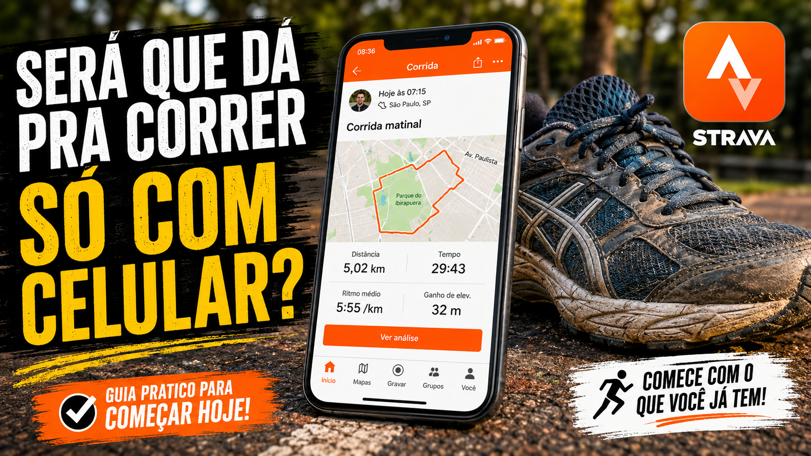 Celular com o aplicativo Strava aberto ao lado de um tênis de corrida usado, em um cenário ao ar livre, representando o início na corrida com equipamento simples.